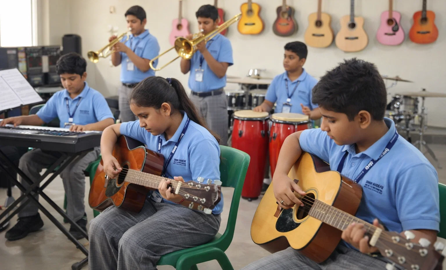 Music, Art and Dance Studios at Shri Ram Global School - Students creating art, playing instruments, dancing
